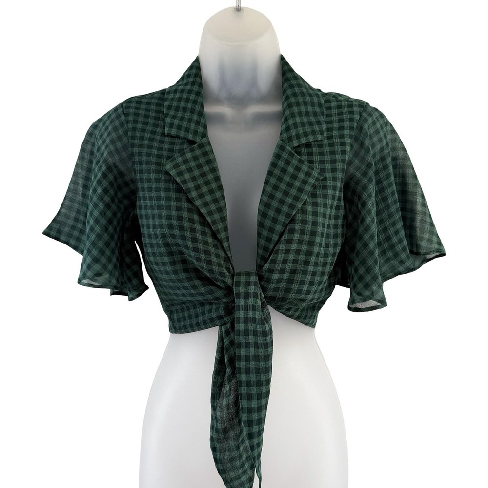 House Of Harlow 1960 X REVOLVE Blouse Womens XXS Green Check Tie Front Cropped